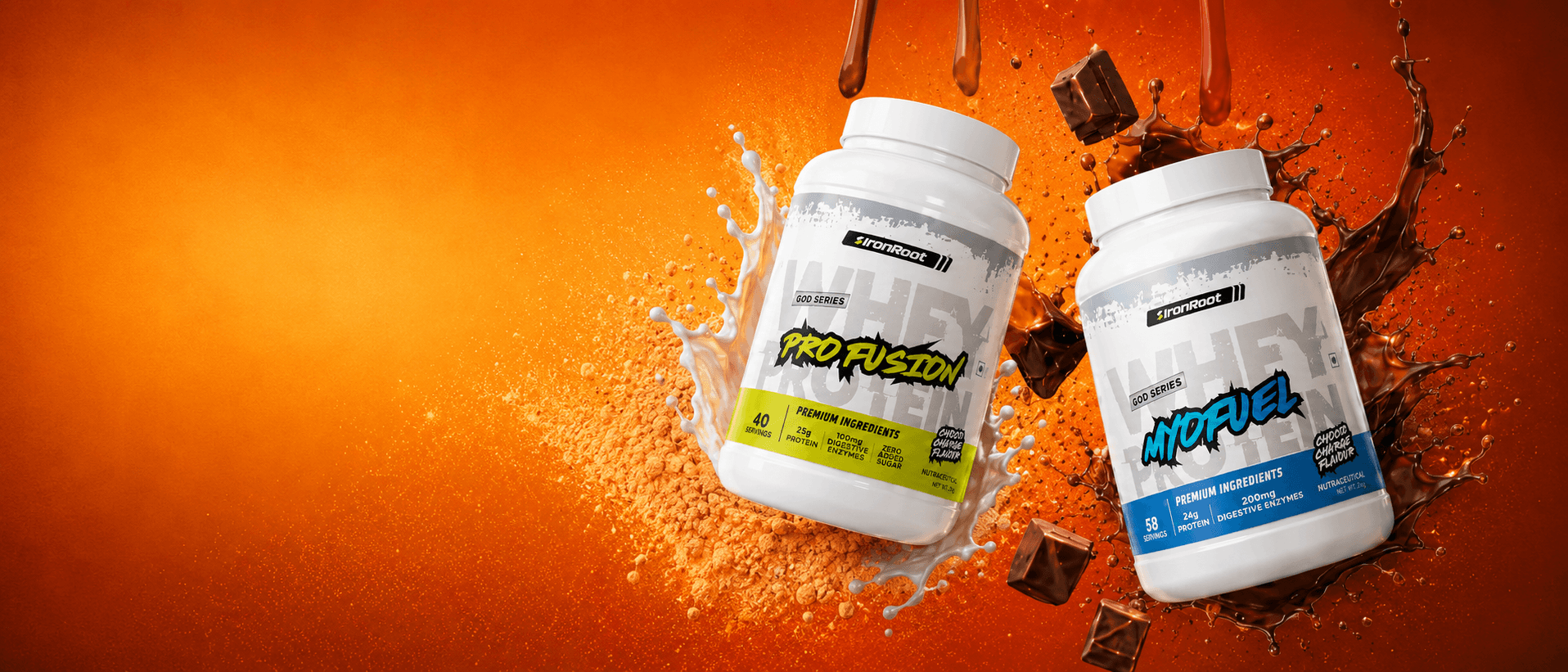 IronRoot whey protein tubs on an orange splash background